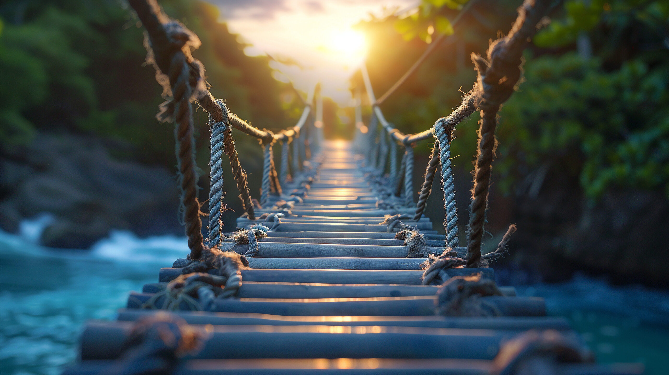 A wooden bridge with rope handles with a setting sun in the distance. This image is used to visually represent when you reconnect with your authentic self