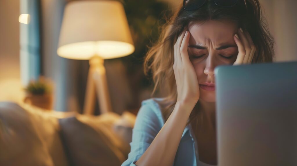 A women in a lamp lit lounge, sitting at a laptop screen with her hands in her head. This image represents ADHD paralysis.