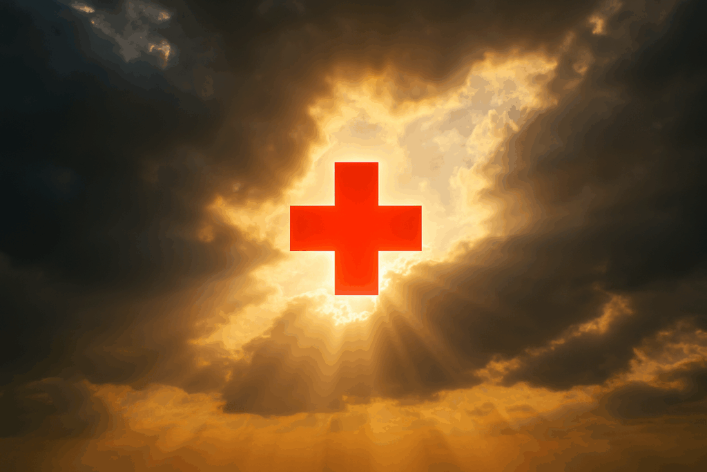 A red cross surrounded in light breaking through clouds of darkness, representing the powerful impact of Dr  Jonas Salk's generosity on global health