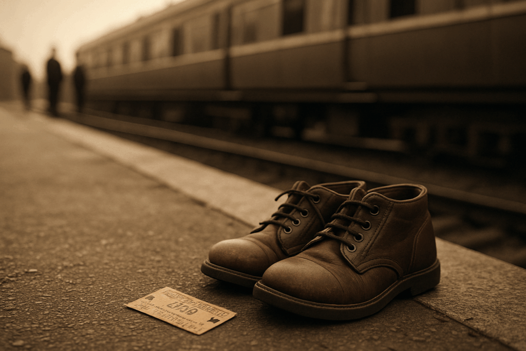Sepia photograph of a station platform with a letter and child's pair of shoes representing Nicholas Winton's courage