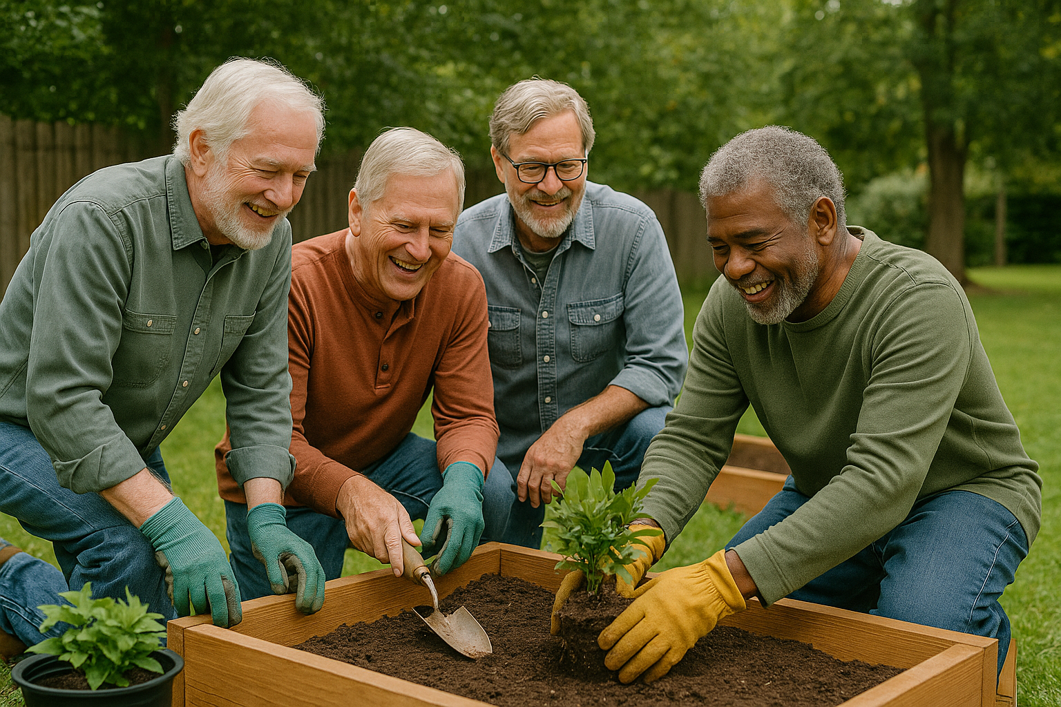 An older group of gentleman gathered around a raised gardening bed, gardening together in the sun symobolising rediscovering yourself after 50