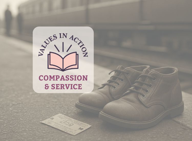 Values in Action image of a child's shoes and letter on an empty station platform in wartime to represent Nicholas Winton's courage