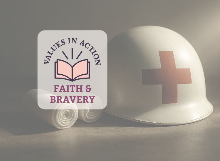 A helmet with a red cross next to bandages, to represent the faith and bravery of Desmond Doss