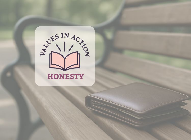 A brown leather wallet left on a wooden bench ourside with a 'Values in Action' logo on the image. This image is meant to represent honesty and integrity