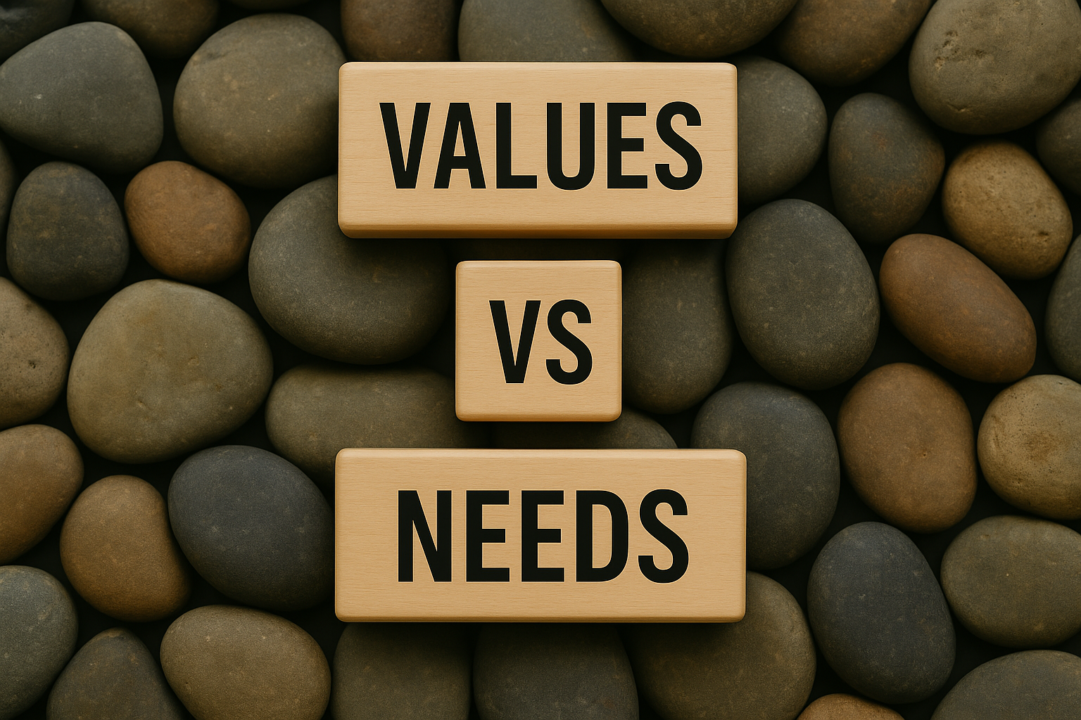 Values Vs Needs written on a bed of stones, referring to the dilemma of balancing values and needs in everyday life