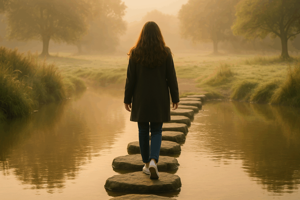 A women walking on stepping stones across a river to demonstrate taking steps towards living your values.