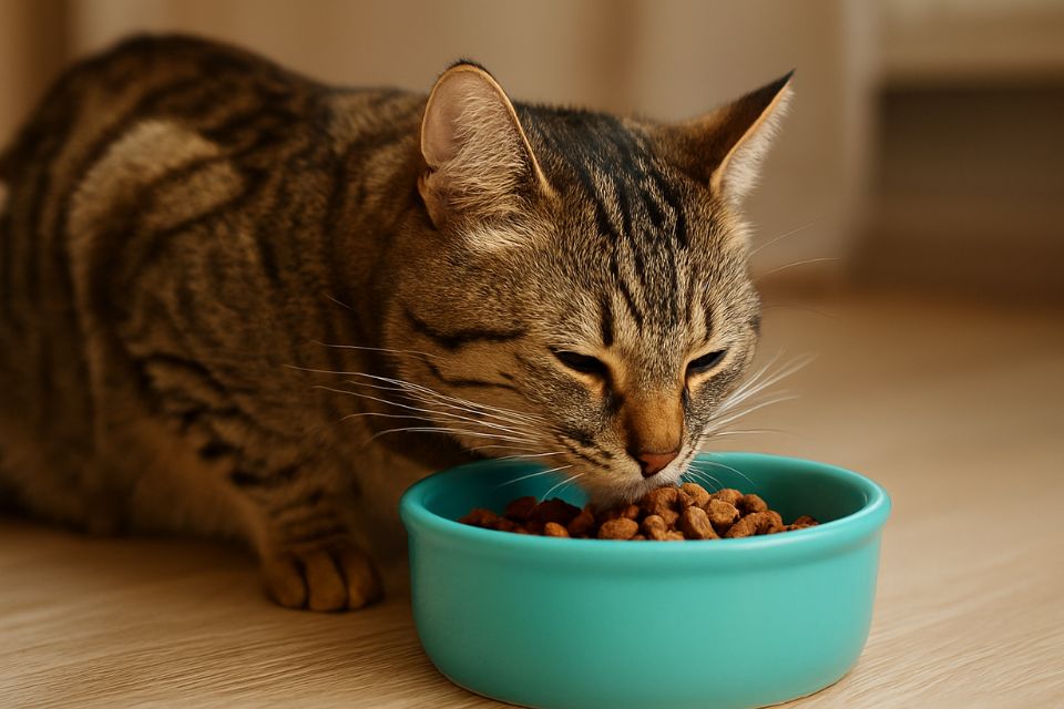 Cat eating food from a bowl, representing the responsibility of owning a pet