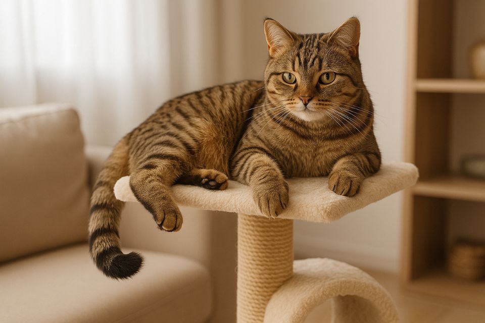 Cat sitting on a cat tree, showing that someone has considered what their pet needs to be comfortable