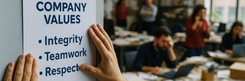 A Company Values poster is being pinned to a door but the scene behind shows stressful employees and doesn't align