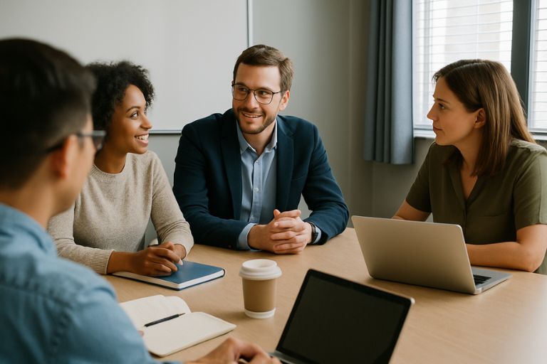 Leader talking with team on a level that suggests mutual respect, openness and congruence