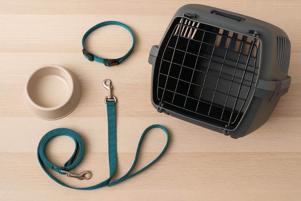 A dog bowl, collar, lead, and pet carrier, representing items that pet owners need to purchase