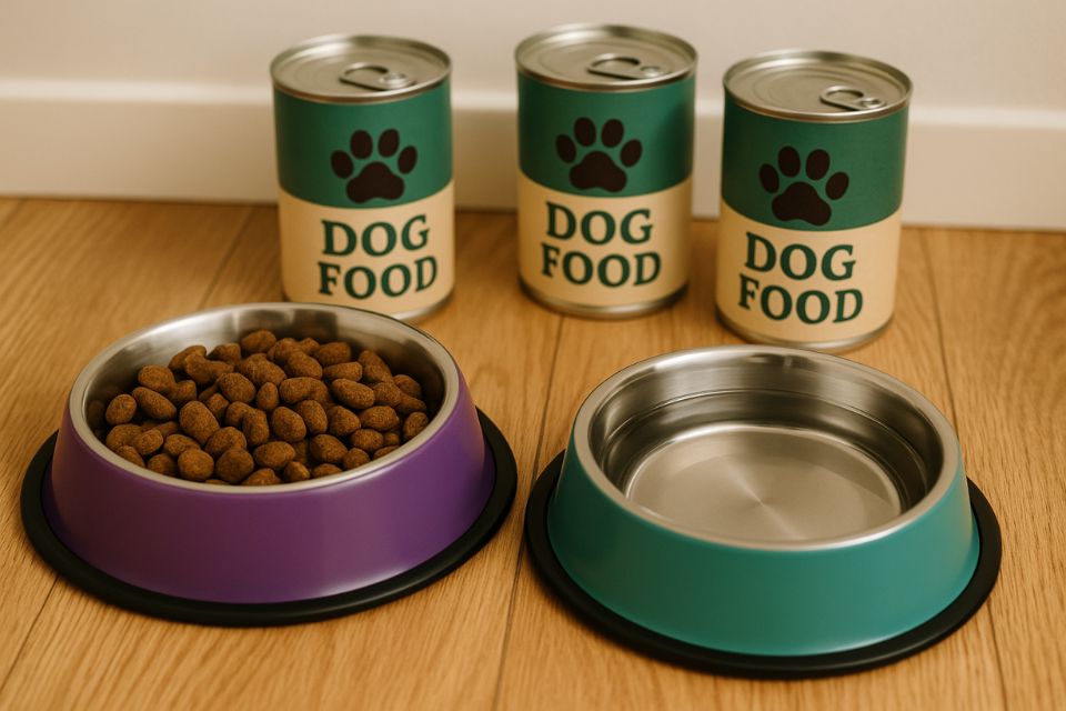 Dog bowls with food and water, and tins of food behind them, representing the financial cost of owning a pet