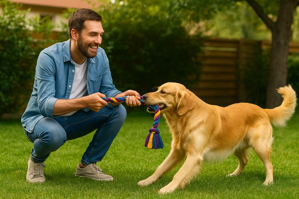 A man playing with a dog, with each of them holding onto opposite ends of a rope toy