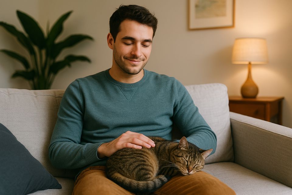 Man sitting on a sofa stroking his cat who is curled up on his lap