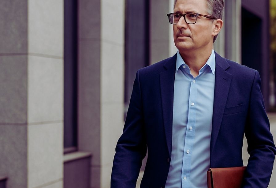A man dressed in a suit carrying a briefcase outside a city building, representing career success