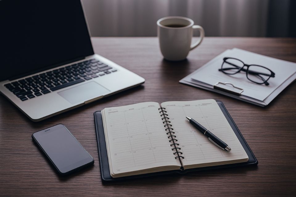 A laptop, coffee, mobile phone, spectacles and open notebook and pen on a desk, as symbols of success