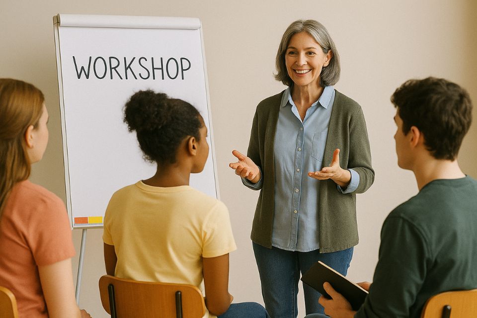 Woman in midlife leading a workshop for young people, representing a role of significance in later life