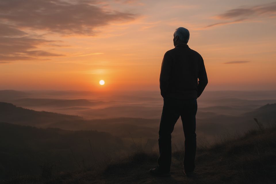 A man in midlife standing on a hill looking across the landscape at the sunrise, representing the possibility of significant roles in later life