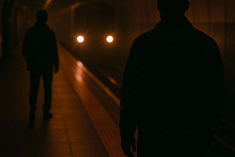 Silhouette image of a man waiting for a train on a subway platform, representing Wesley Autrey