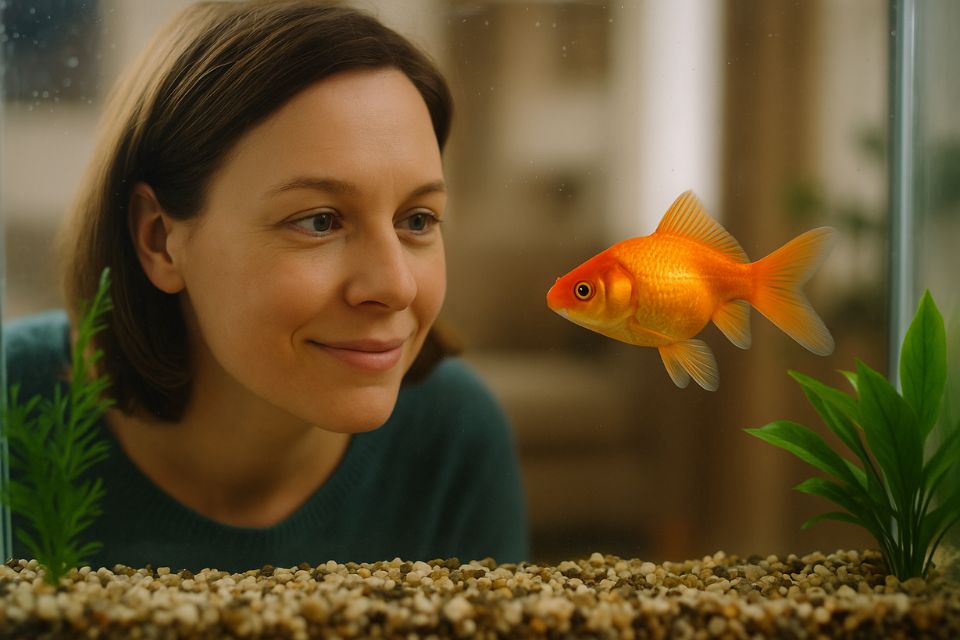 Woman staring at her goldfish in a tank