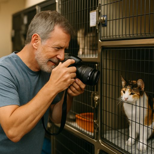 A midlife man photographing a cat in a shelter to help rehoming