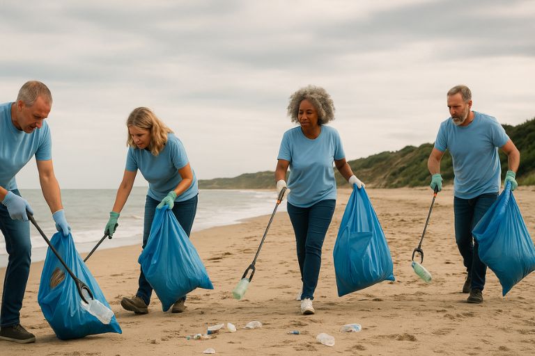 Middle aged group of people beach cleaning