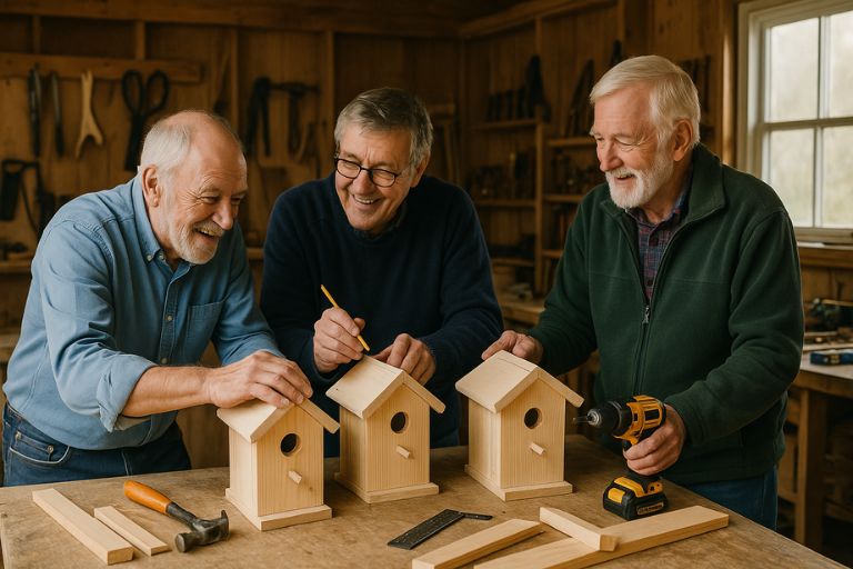 Three 50+ men making bird houses, representing the activities offered by Men's Sheds