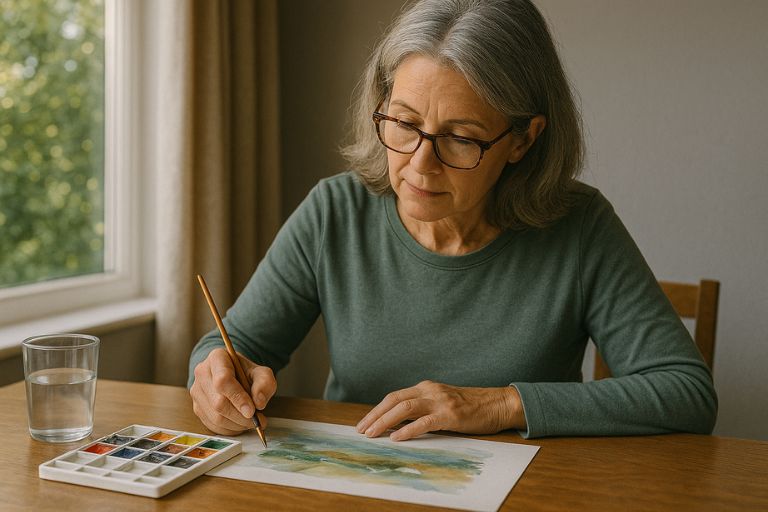 A middle aged woman sitting at a table enjoying water colour painting