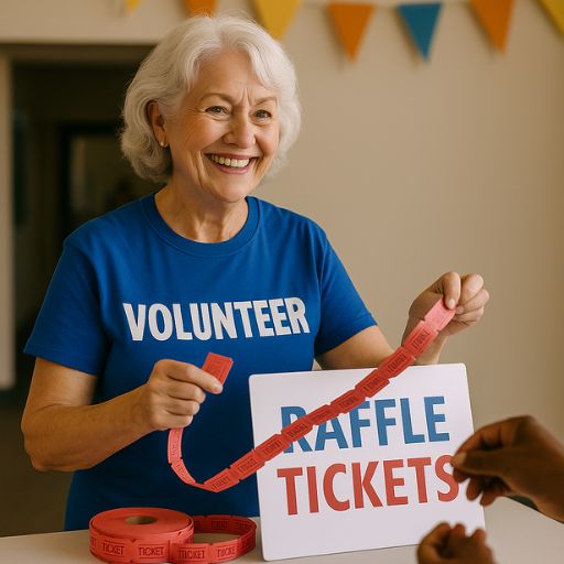 A midlife woman volunteer selling raffle tickets