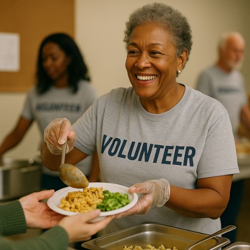 A midlife volunteer serving food