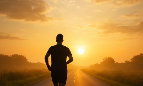 Silhouette of a man running down a long road as the sun rises, representing Terry Fox's marathon of hope.