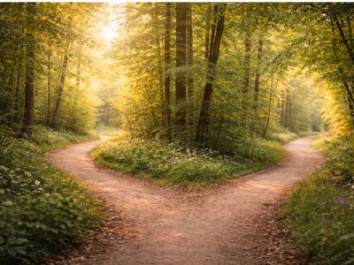Two roads diverged in a wood with one leading towards more light representing how to choose an ADHD Coach with lived experience