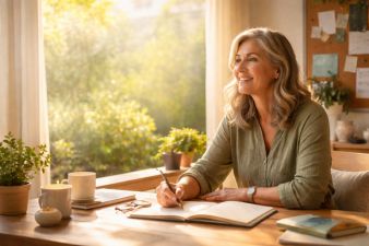 Smiling woman sitting at a table by a window with an open notebook and pen, representing finding encore careers in midlife
