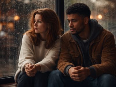 A couple looking thoughtful, representing what comes up when you have ADHD and romantic relationships