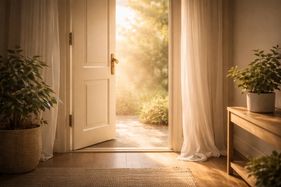 Open door with sunlight shining through representing the possibility of openmindedness