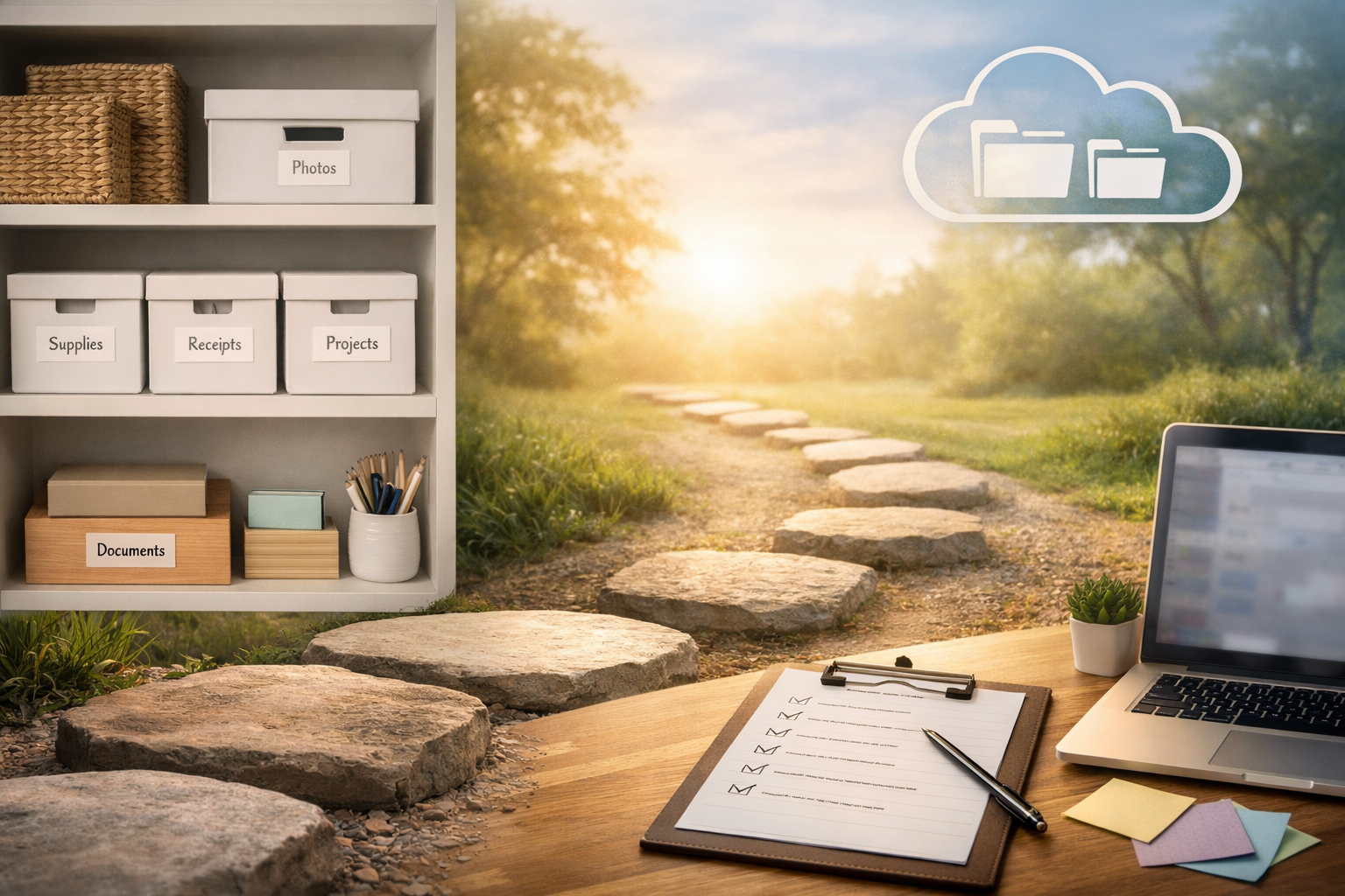 A beautifully organised bookshelf with labelled boxes, and a desk with a list and laptop, and stepping stones into the sun between them
