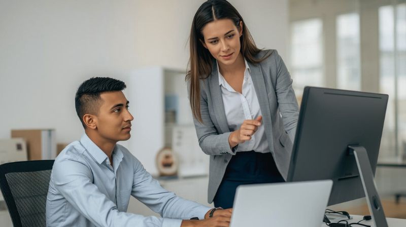 A young employee sitting with a laptop and screen at work with an older colleague explaining how to do a task