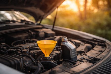 Car engine with funnel in place ready for oil to be poured in, representing ADHD shame and simple tasks