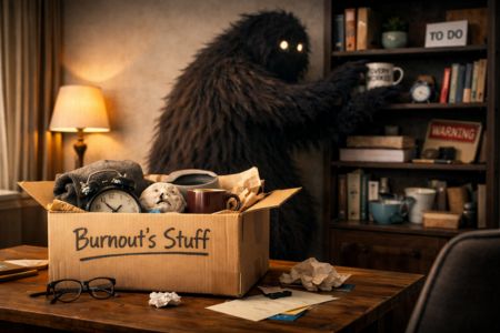 Image of a dark, hairy monster unpacking belongings in a living room bookcase, representing living with burnout