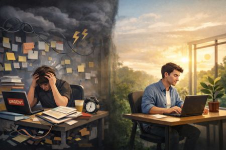 Contrasting images of a man working in chaos on one side and calm on the other, representing the impact of ADHD and reasonable adjustments