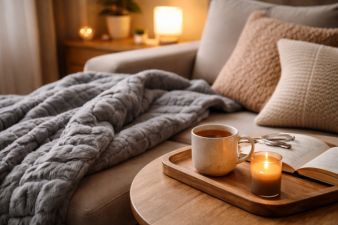 A blanket lying on a sofa with a warm drink and a candle on the table beside it, representing comfort tools for ADHD adults
