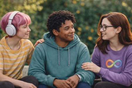 Three neurodivergent people sitting together offering comfort and kindness
