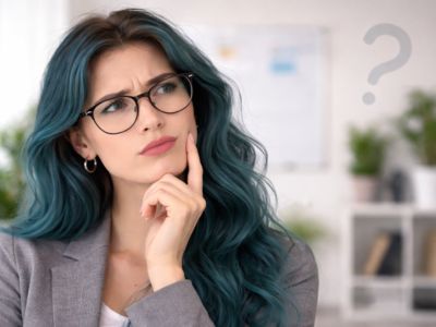 Neurodivergent woman in an office with a contemplative look after noticing hypocrisy