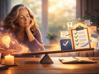 Middle aged woman daydreaming with scales in front of her representing intuition on one side and clarity on the other