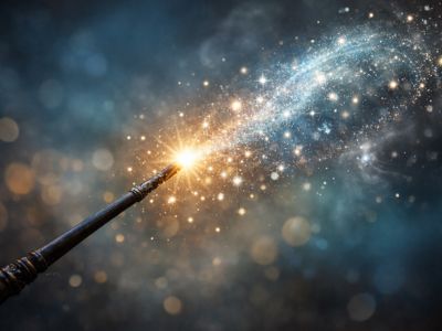 A magic wand on a dark background with sparks coming from it, representing the coaching question 'what if?'