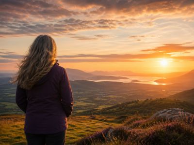 Middle aged woman on a hilltop looking at a beautiful sunset, representing the power of the present moment