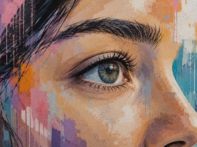 Street art style image of a girl's eye looking into the distance, representing her vision of the future